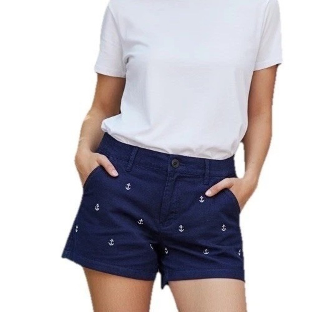 Cuffy's Chino Shorts Women 10 Navy Blue Anchor Embroidered Nautical Twill 3" New